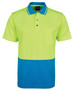 A high-visibility polo shirt featuring bright lime green and blue sections, with a collar and a pocket.