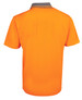 An orange work polo shirt featuring a grey collar and a logo on the back.