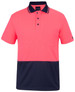 A pink and navy work polo shirt with a collar and a chest pocket. It features a branding logo.