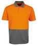 An orange and grey work polo shirt with a collar, short sleeves, and a front pocket. It features a logo.