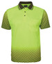 A bright green polo shirt featuring a diamond pattern, with short sleeves and a collar. Includes a pocket and a logo.