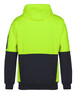 A high-visibility hoodie in bright yellow and black, featuring a hood and a logo on the sleeve.