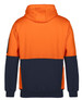 An orange and navy hoodie with a hood, featuring a logo on the sleeve. Ideal for workwear use.