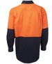 A long-sleeve work shirt in orange and navy blue, featuring a logo on the back. Designed for workwear use.