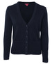 A navy knitted cardigan with a V-neck, button closure, and two front pockets. It includes a brand logo.