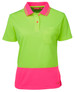 A ladies' short-sleeve polo shirt in vibrant neon green with a pink lower panel and a chest pocket. It features a logo.