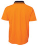 An orange short-sleeved polo shirt with a black collar and a logo on the back.