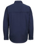 A navy long-sleeve work shirt with a close front design and a back yoke, featuring buttons on the cuffs.