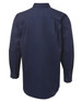 A navy long-sleeve work shirt with a button-down collar and back pleats. Features button cuffs and a branded logo.