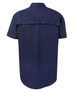 A navy short-sleeved work shirt with a back yoke detail and a logo on the side.