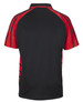 A polo shirt featuring a black body with red accents and a logo on the front.