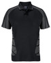 A black polo shirt with grey accents, featuring a collar and buttons. It includes a logo on the upper section.