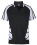 A black and white polo shirt with short sleeves and a branded logo on the chest.