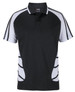 A black and white polo shirt featuring a sporty design and a logo on the upper front.