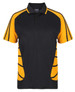 A black and yellow polo shirt featuring a logo and stylish side stripes. Suitable for casual or active wear.