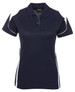 A navy polo shirt with white detailing and a logo, featuring a classic collar and short sleeves.