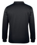 A long sleeve polo shirt in black, featuring a collar and a logo on the back.