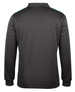 A long-sleeve polo shirt in black, featuring a small green accent and a branding logo on the back.