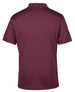 A maroon polo shirt with a collar and a logo on the back. Smooth fabric and regular fit.