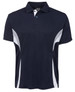 A dark navy polo shirt with white accents and a logo, featuring a classic collar and short sleeves.