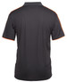 A black polo shirt with orange trim, featuring a logo on the back. The shirt has a classic collar and short sleeves.