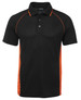 A black polo shirt with orange accents and a collar, featuring buttons and a logo on the label.