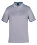 A grey polo shirt featuring contrast blue stripes on the collar and sleeves, with a logo on the chest.