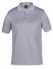 A grey jacquard polo shirt featuring a contrasting collar and button placket, with a logo present.