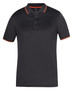 A black polo shirt featuring contrast orange trim on the collar and sleeves, with a logo on the chest.