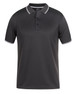 A black polo shirt featuring a jacquard design and contrasting collar and sleeve detailing. The shirt has a logo on it.