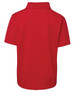 A red short-sleeve polo shirt, featuring a collar and a logo on the back. Suitable for kids.