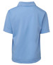A light blue polo shirt with a collar and short sleeves, featuring a branding logo on the back.