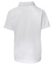 A white polo shirt with short sleeves and a collar, featuring a logo on the back.
