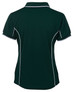 A dark green women's polo shirt featuring contrasting piping and a classic collar, with a logo on the back.