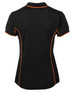 A black polo shirt with orange piping, featuring a fitted design and short sleeves. It has a logo on the design.