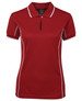 A red polo shirt with contrasting white piping and a collar, featuring a small logo.