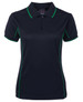 A navy polo shirt featuring green piping and a collar, with a logo on the front.