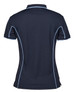 A navy blue polo shirt with light blue piping and a branded logo on the back. Features a classic collar and short sleeves.