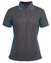 A grey ladies' polo shirt featuring blue piping and a collar, with a logo on the chest.
