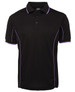 A black polo shirt featuring purple piping details and a three-button placket. It has a logo on the collar.