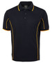 A black polo shirt with yellow piping and a collar. It features a button placket and branding.