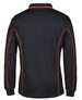 A black long-sleeve polo shirt featuring orange piping along the seams and a logo on the back.