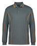 A long-sleeve polo shirt in grey with contrasting orange piping and a collar. Features a logo on the chest.