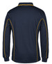 A navy long-sleeved polo shirt with contrasting yellow piping details and a logo.