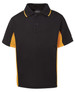 A black and orange polo shirt with a collar and short sleeves, featuring a logo on the front.