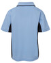 A light blue polo shirt with short sleeves and black side panels, featuring a logo on the front.