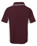 A maroon polo shirt with white accents and a collar, featuring a logo on the front.