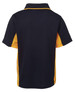 A navy and yellow polo shirt with a collar and short sleeves, featuring a logo on the back.