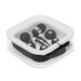 A set of black Helio Earbuds in a clear, square storage case with various ear tip sizes included. A set of black Helio Earbuds in a clear, square storage case with various ear tip sizes included.