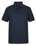 A navy blue polo shirt with a pocket and three buttons on the front. It features a logo on the label.